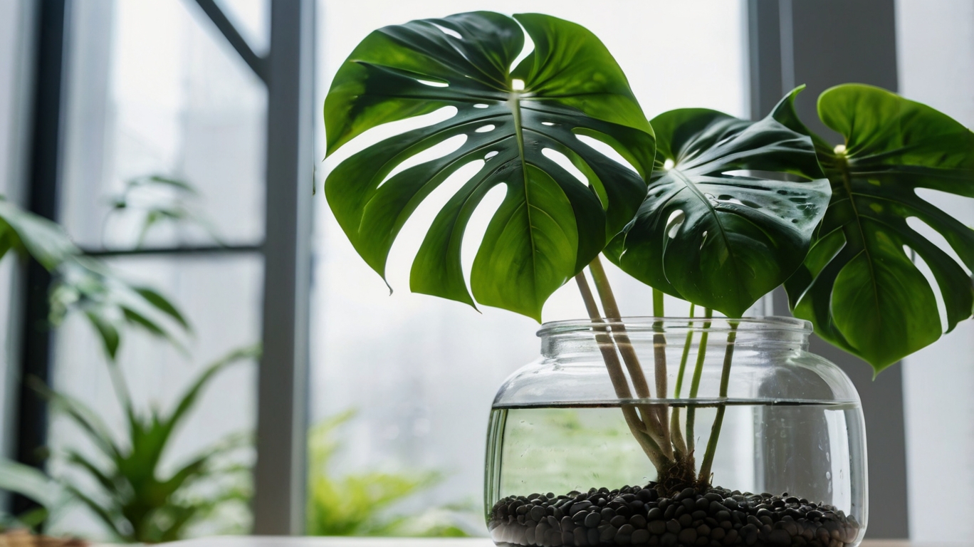 窓際のハイドロカルチャーのモンステラ