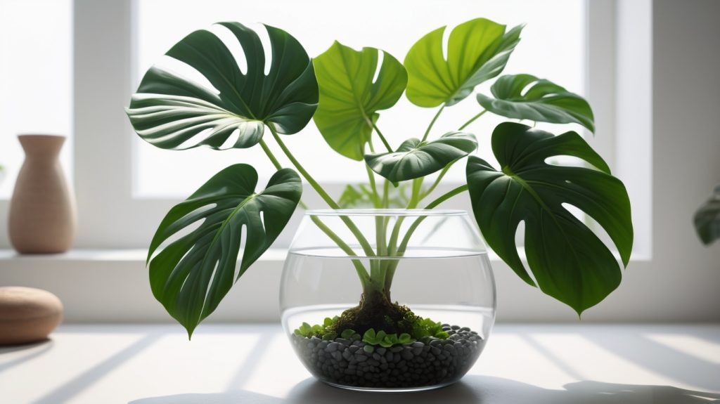 窓際にあるハイドロカルチャーのモンステラ