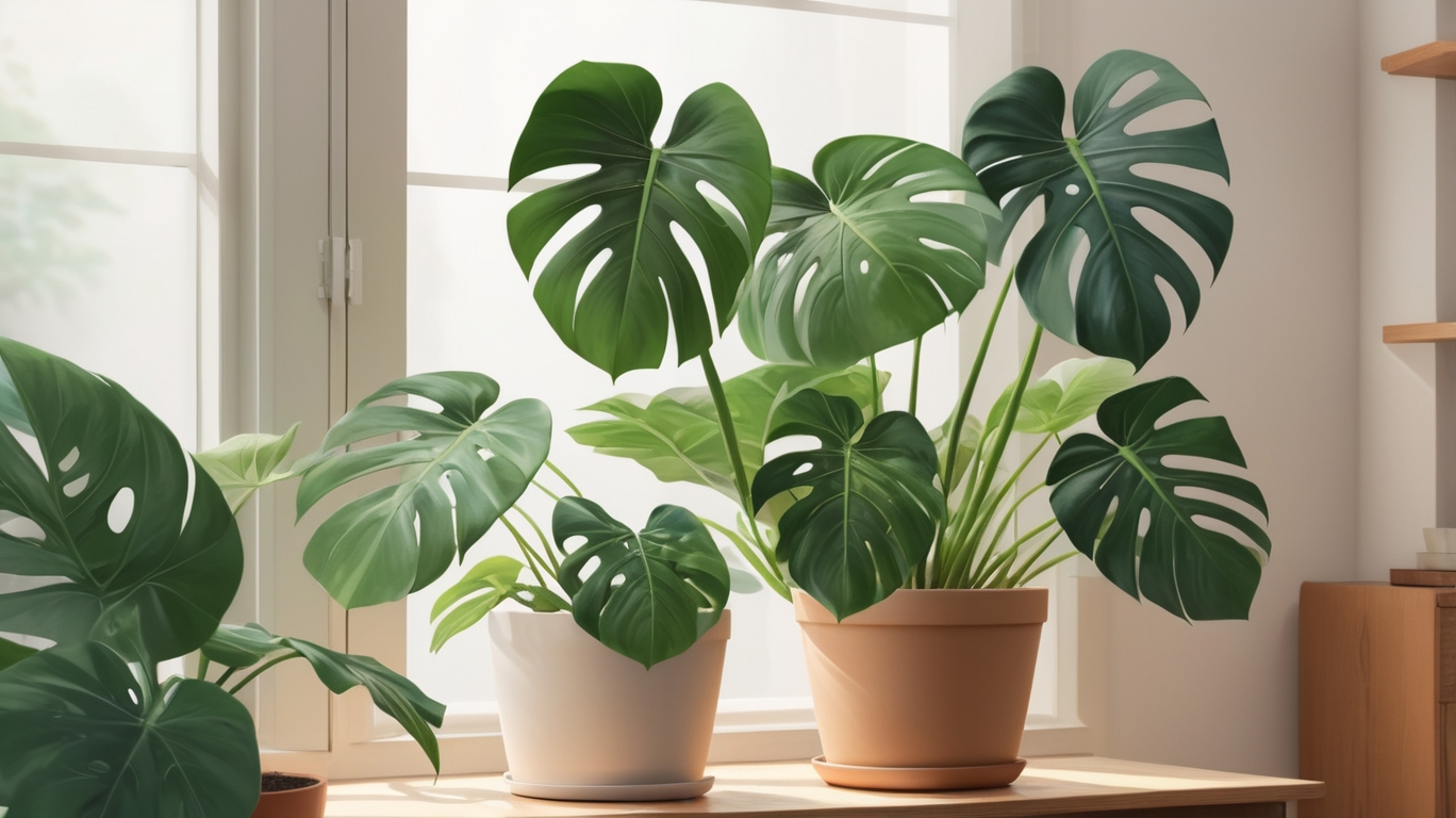 窓際にモンステラの鉢植えが飾られている