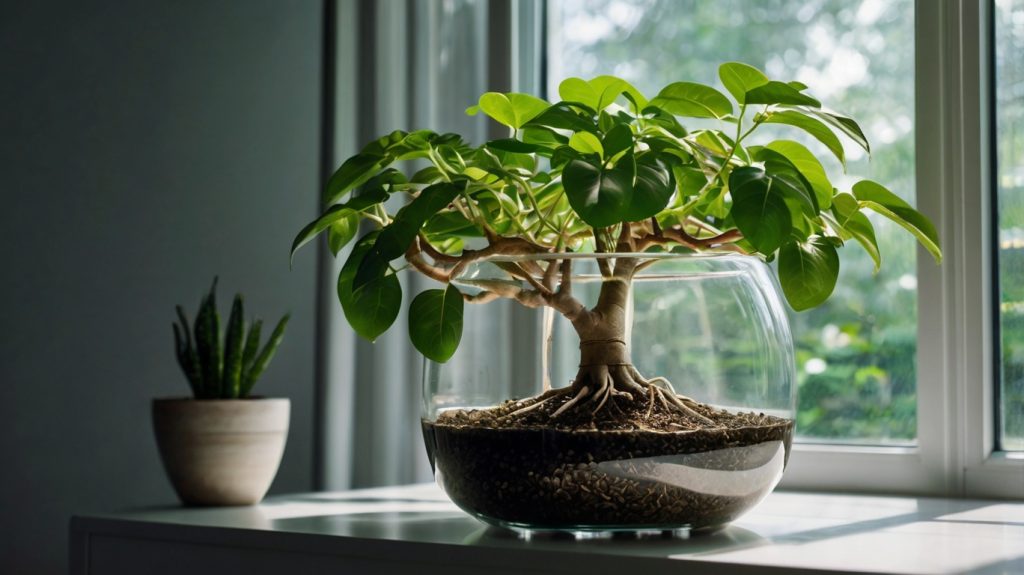 ハイドロカルチャーで育てられているパキラ