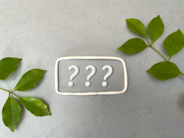 植物が周りに飾ってあるクエスチョンマーク