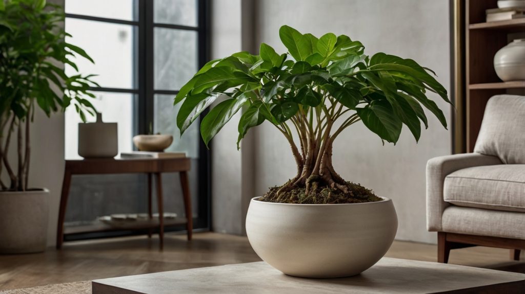 白い鉢植えに入ったおしゃれなパキラ