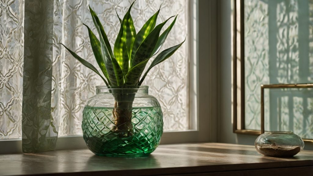 窓際の水耕栽培のサンスベリア