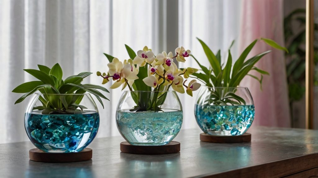 カラフルなハイドロカルチャーで育てられている植物たち