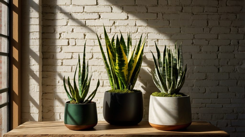 光が当たっている３つのサンスベリア