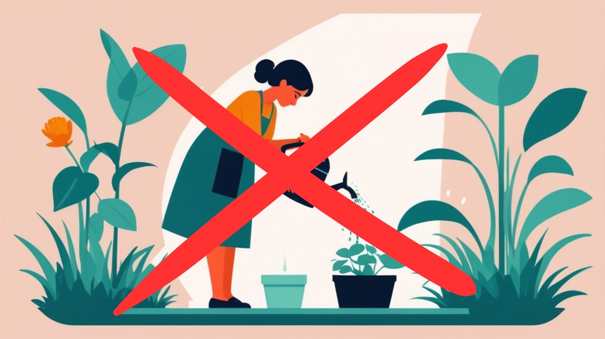 水やりしている女性にバツマーク