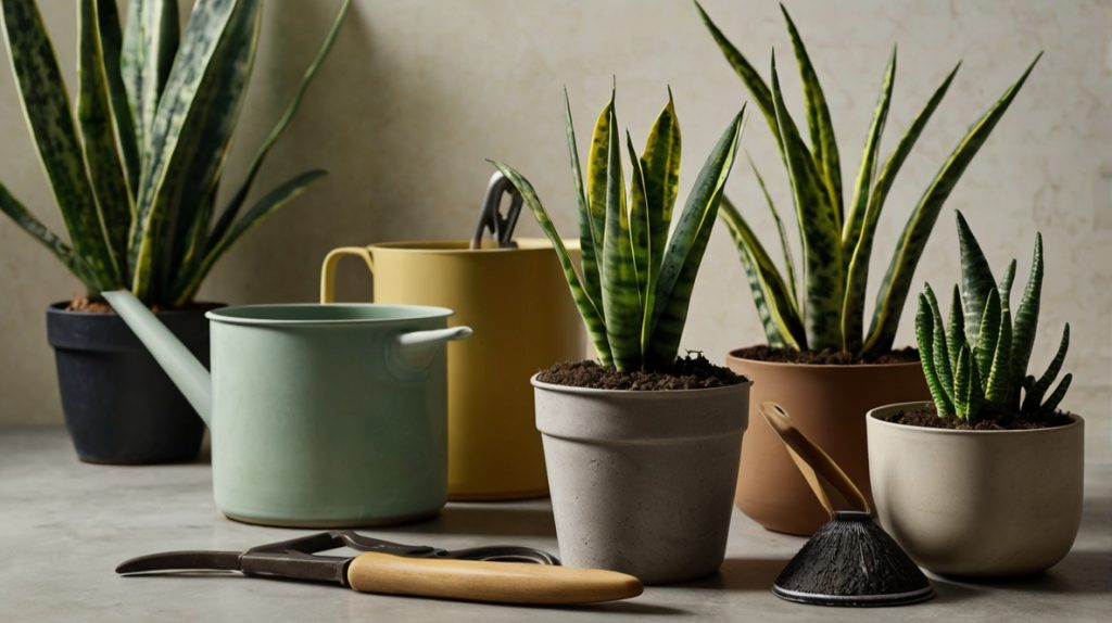 複数のサンスベリアとじょうろ
