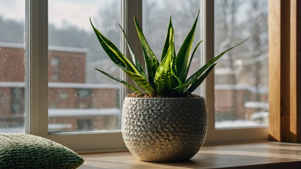 冬の景色と窓際のサンスベリア