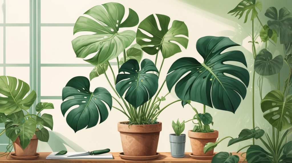 複数のモンステラとガーデニング道具