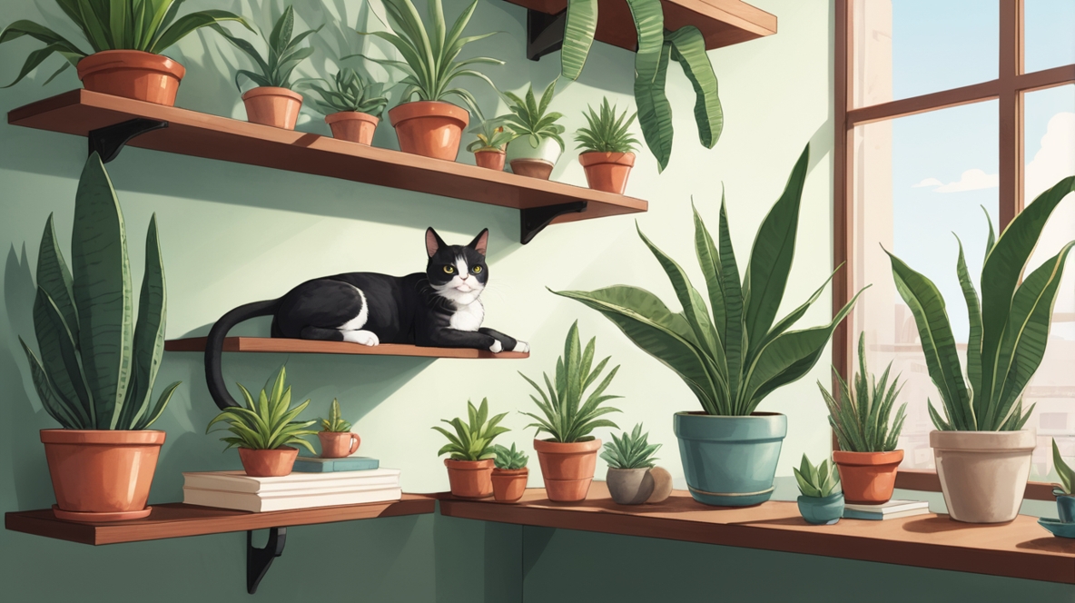 猫と複数のサンスベリア