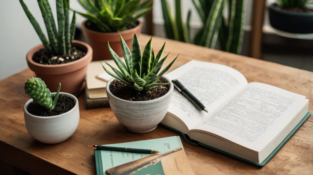 サンスベリアなどの観葉植物と本とペン