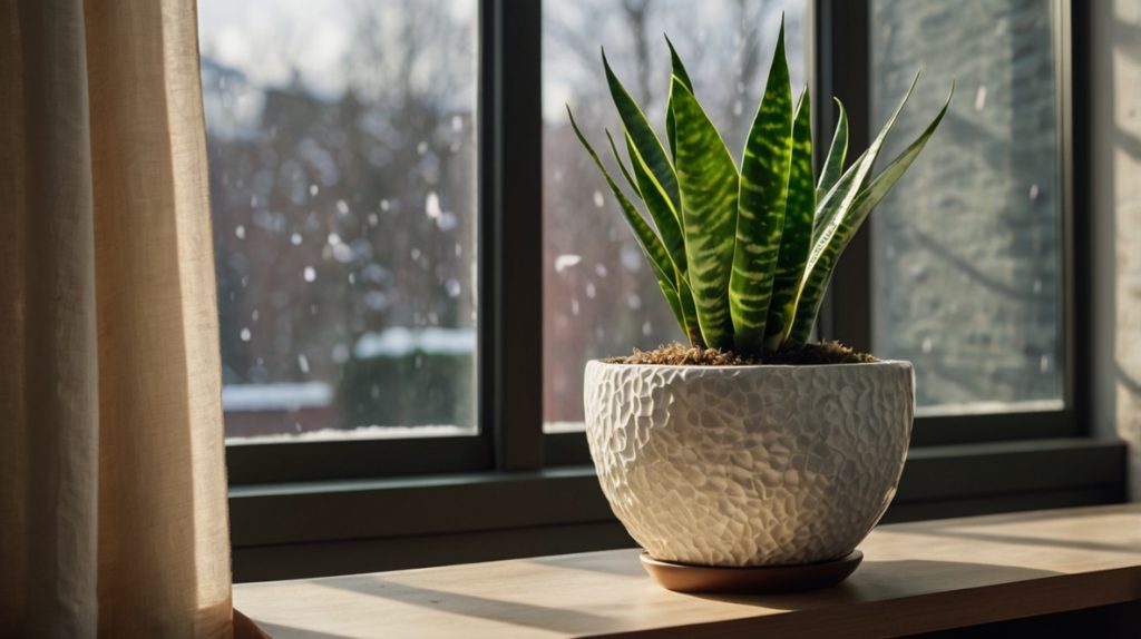 冬の窓際に飾られたサンスベリア