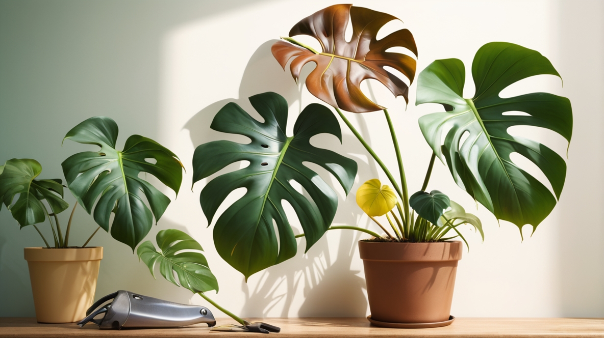 小さく元気がないモンステラと大きなモンステラ