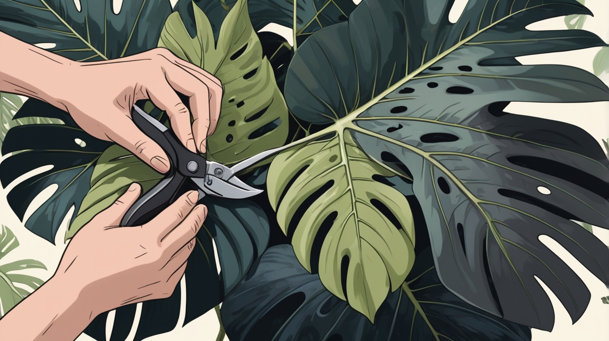 モンステラの黒い葉を切っている