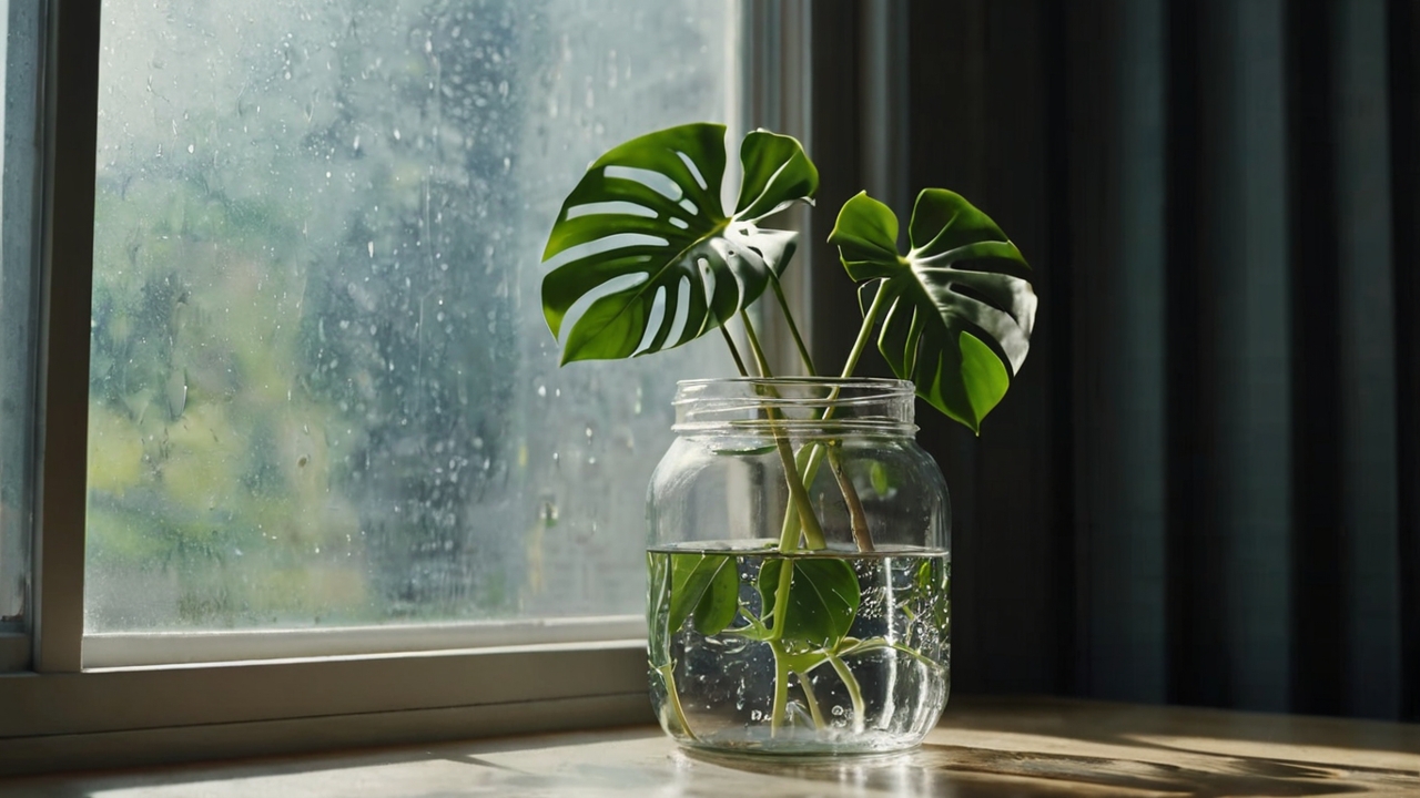モンステラの茎だけで水差しをしている