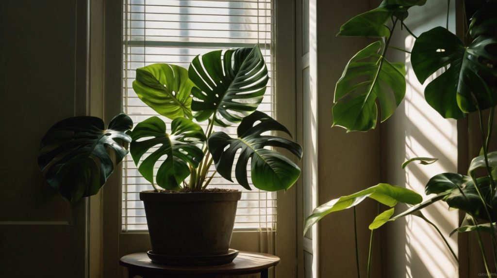 玄関の日陰に置かれたモンステラ