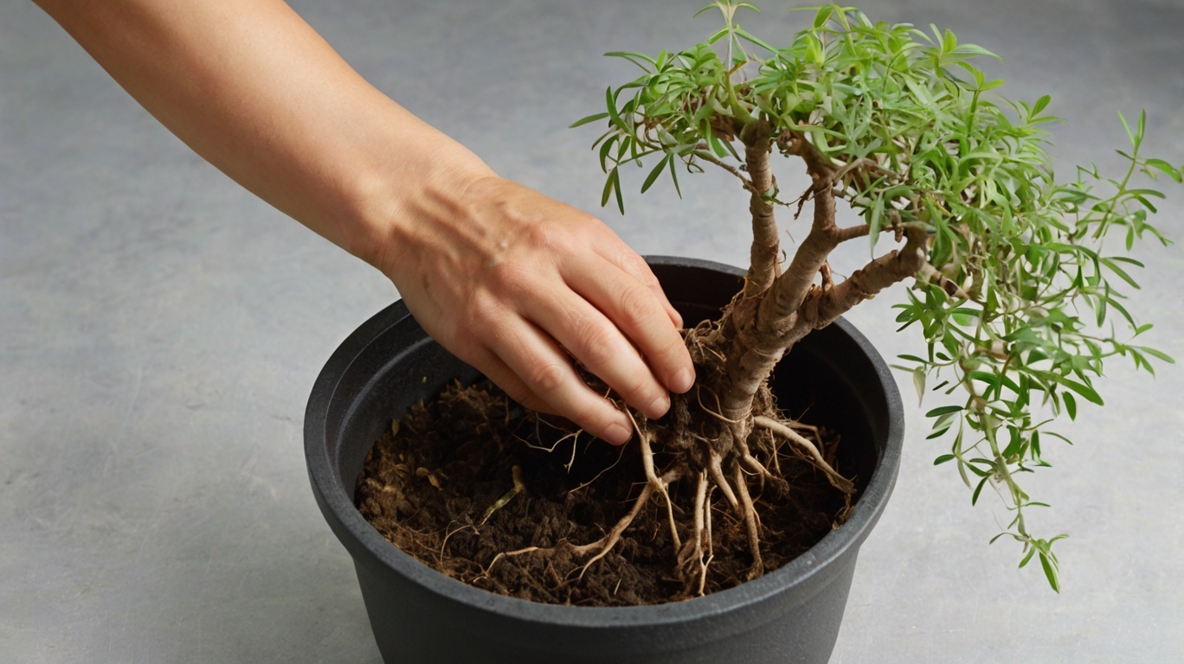 ガジュマルの気根を埋めている