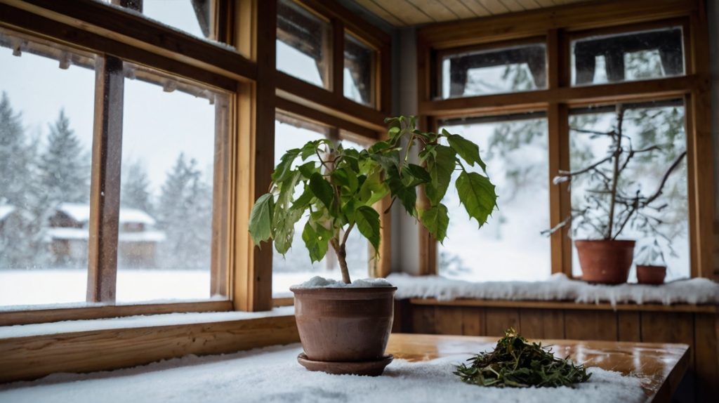 冬の窓際のガジュマル